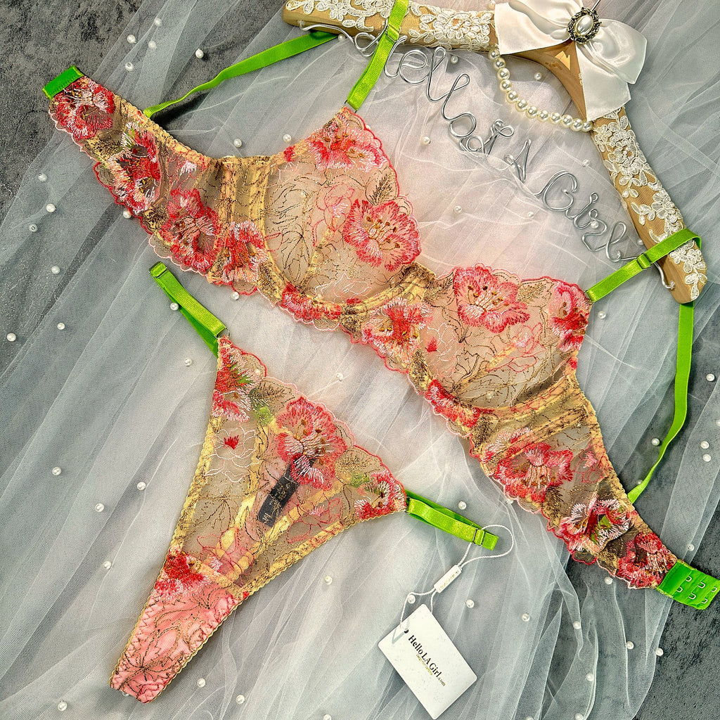 Floral Embroidered Lace Lingerie Set