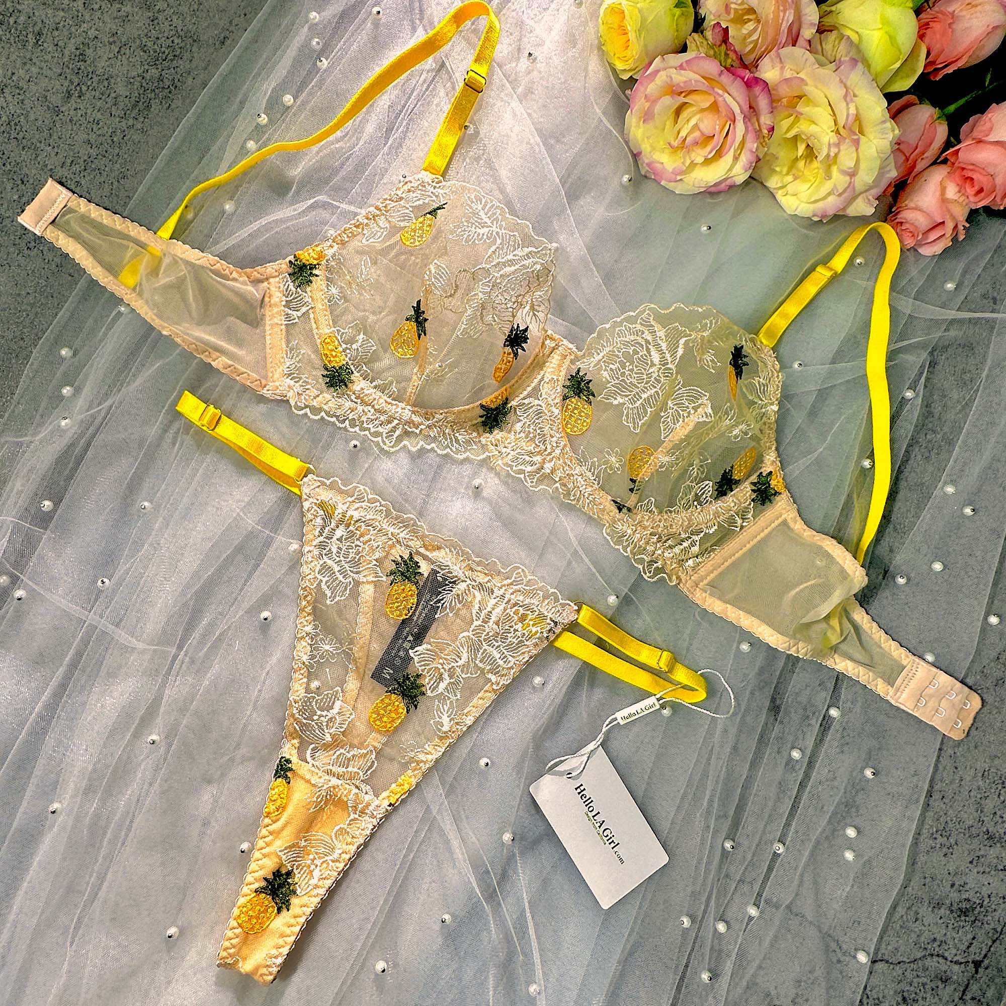 Pineapple Embroidered Lace Lingerie Set