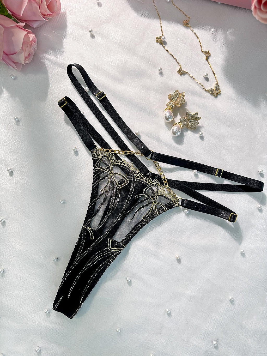 Black Gold-threaded Butterfly Bow Thong