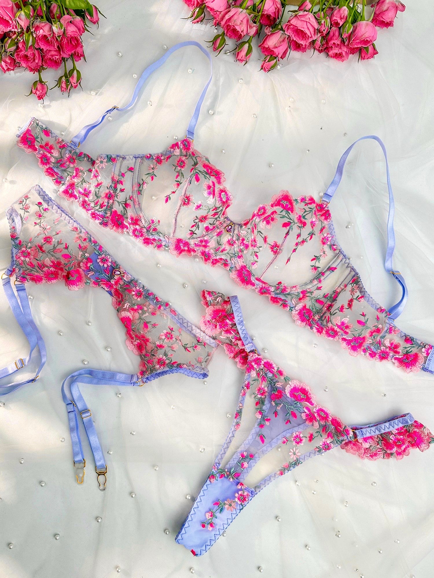 Fantasy Pink Bloom Embroidery Lingerie Set