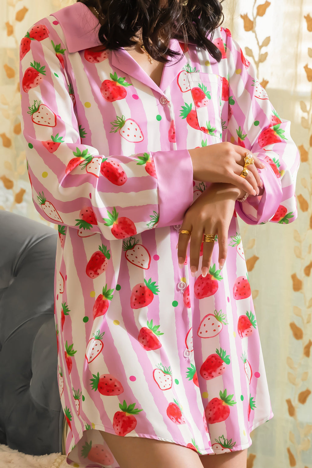 Strawberries Print Pink Stripes Sleep Shirt Silky Satin Pajamas Sleepshirt