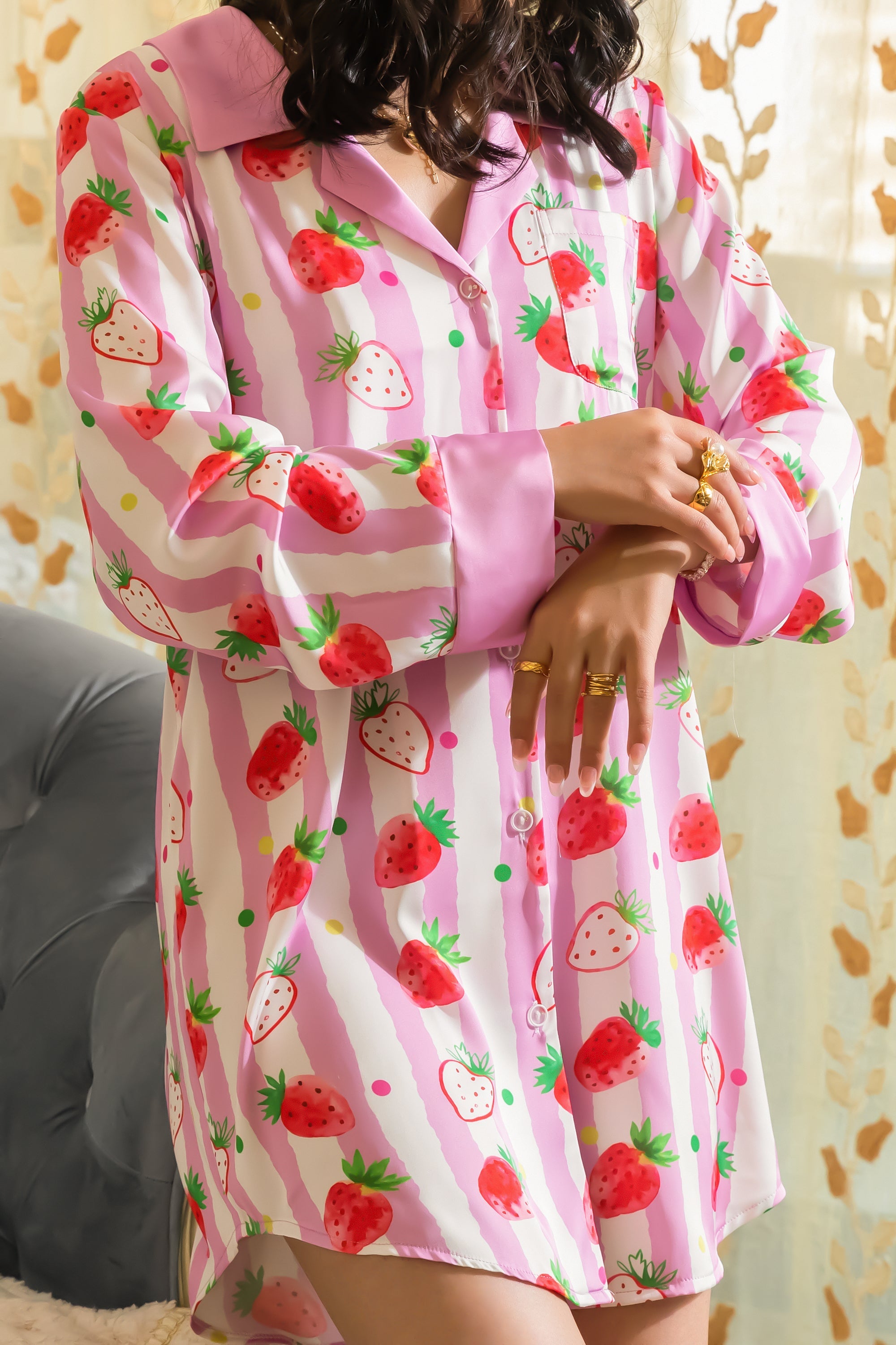 Strawberries Print Pink Stripes Sleep Shirt Silky Satin Pajamas Sleepshirt