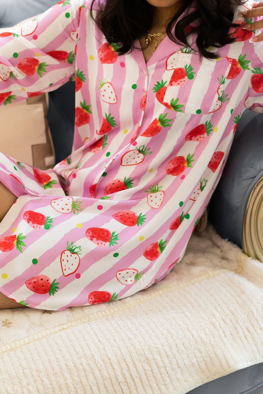 Strawberries Print Pink Stripes Sleep Shirt Silky Satin Pajamas Sleepshirt