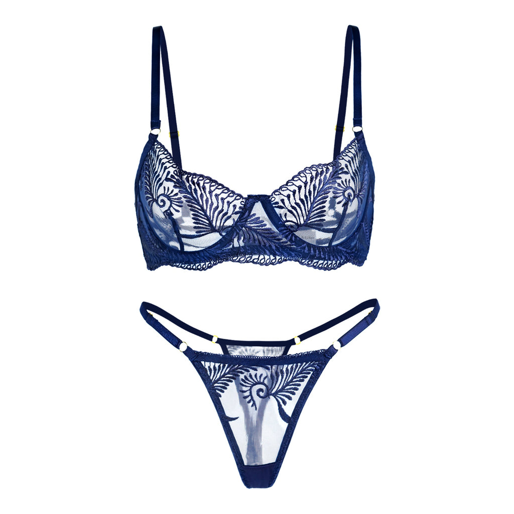 Blue  Elegant Essence Embroidery Lingerie Set