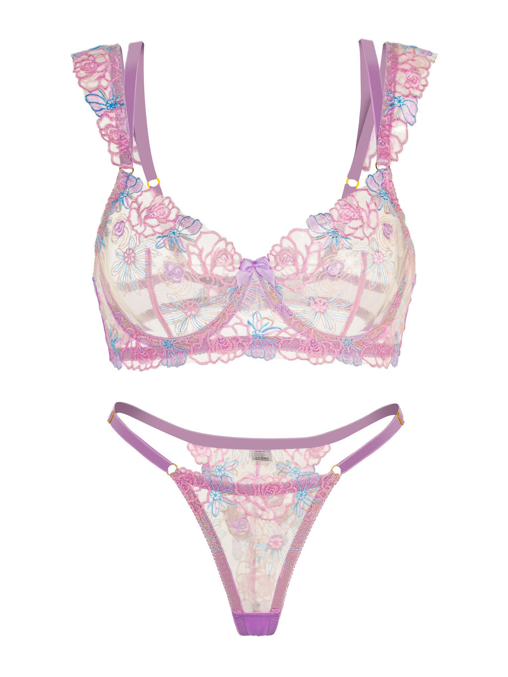 Purple Butterfly Bow Embroidered Flower Lingerie Set