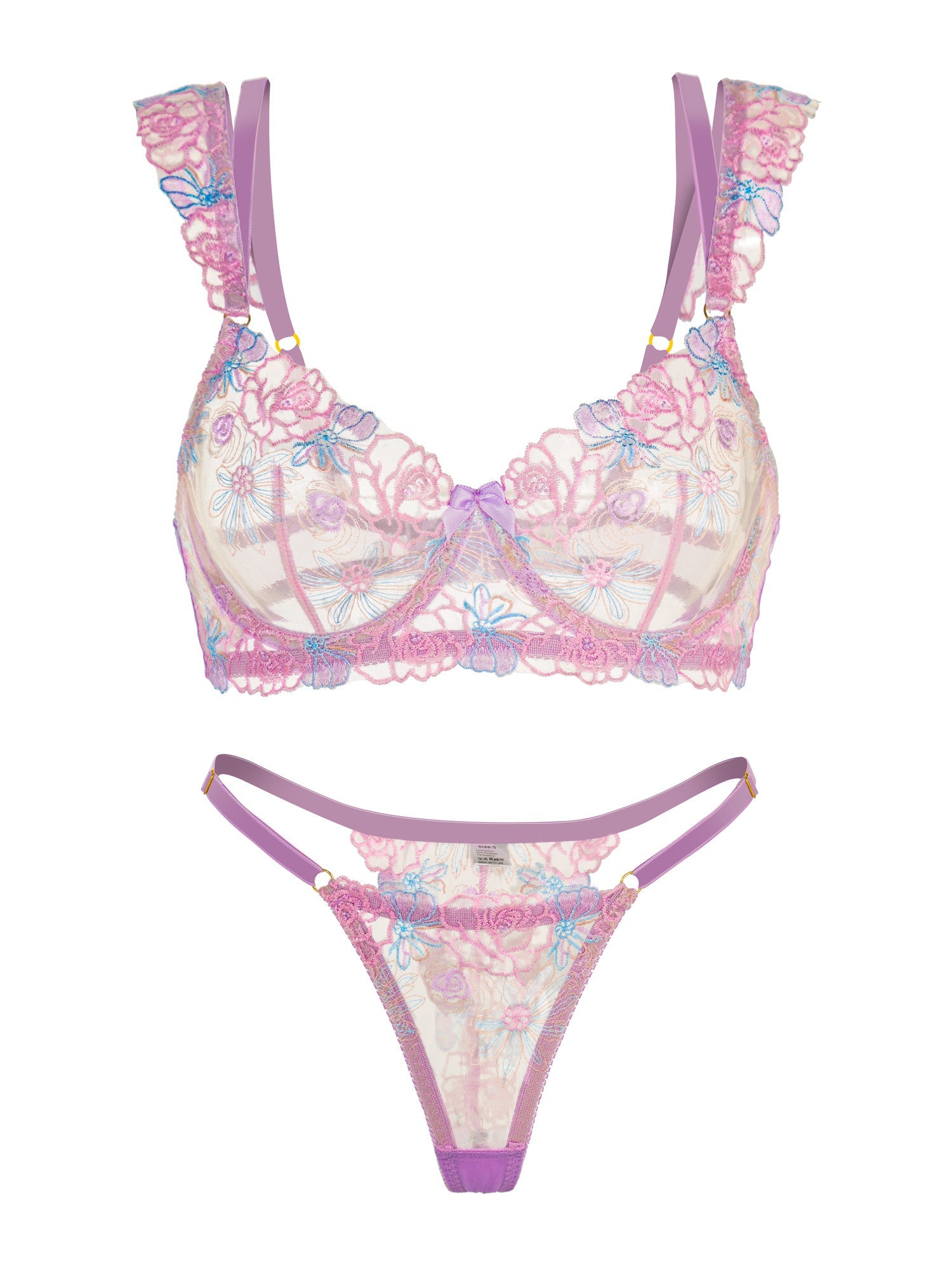 Purple Butterfly Bow Embroidered Flower Lingerie Set