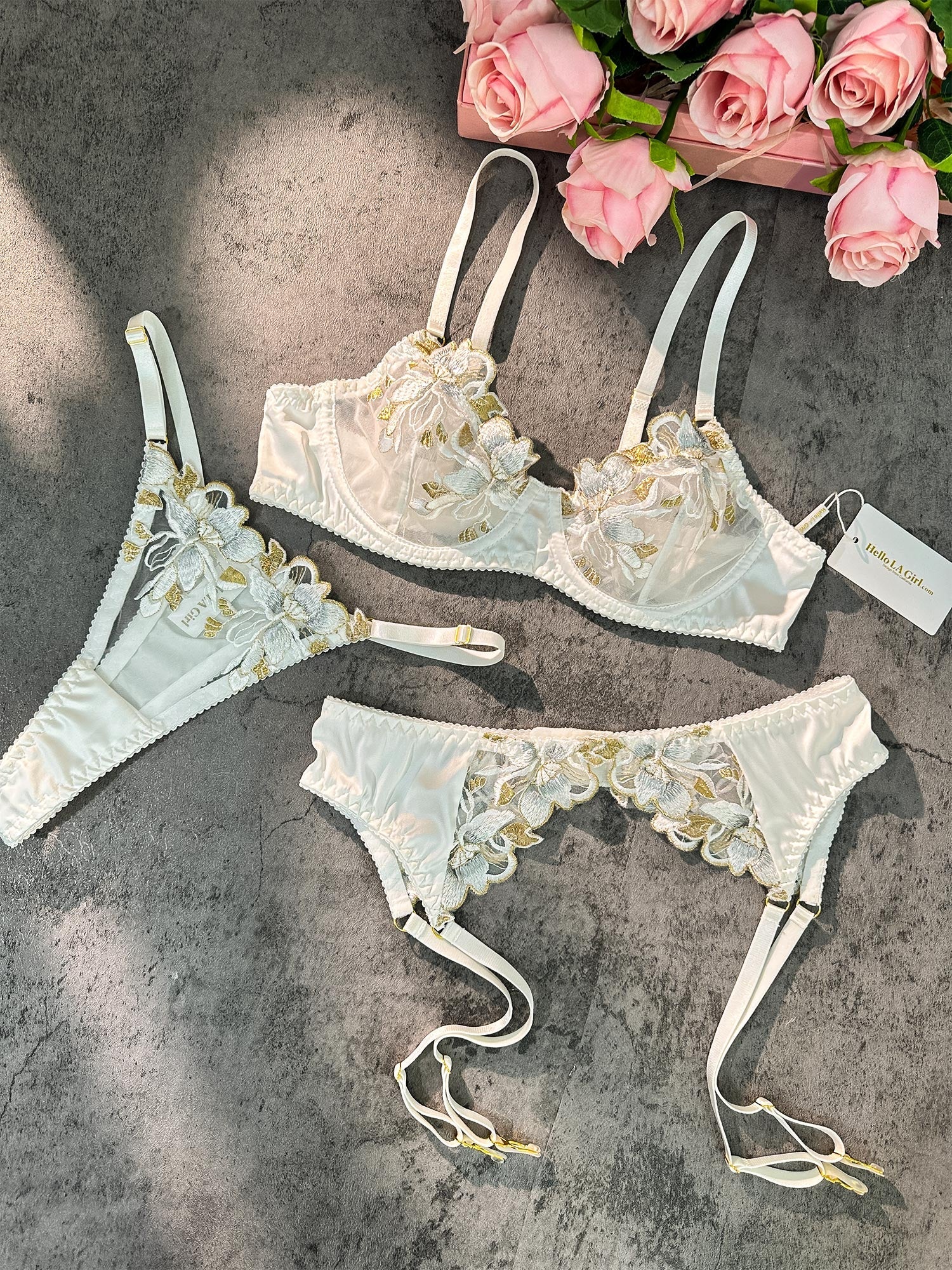 White &Gold Thread Embroidered Lingerie Set