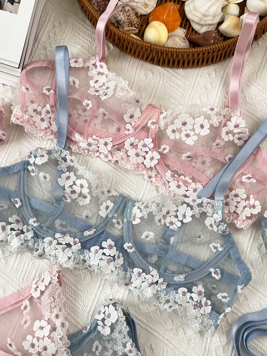 Pink Cherry Blossoms Sheer Lace Lingerie Set