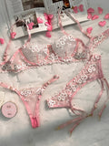 Pink Cherry Blossoms Sheer Lace Lingerie Set