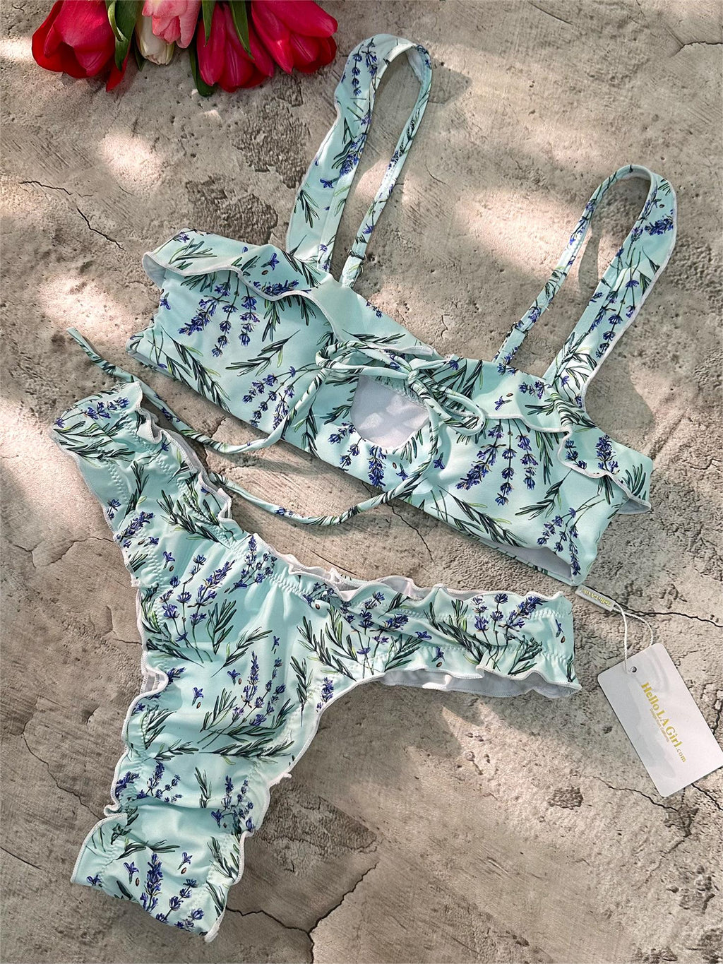 Wheat Digital Printing Lace Push Up Hollow Bikini Set