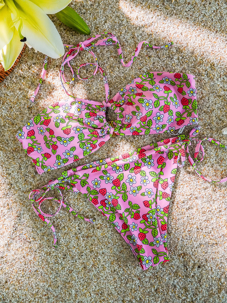 Pink Strawberry Double Fabric Bikini Set