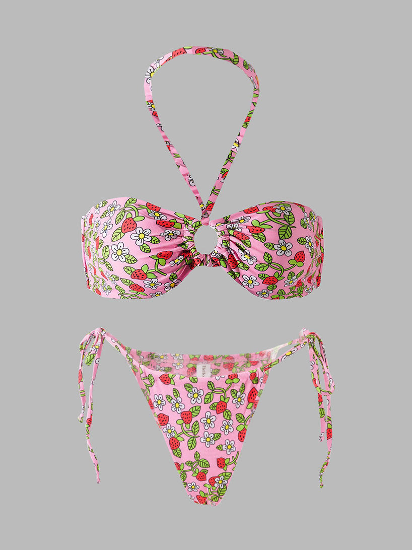 Pink Strawberry Double Fabric Bikini Set