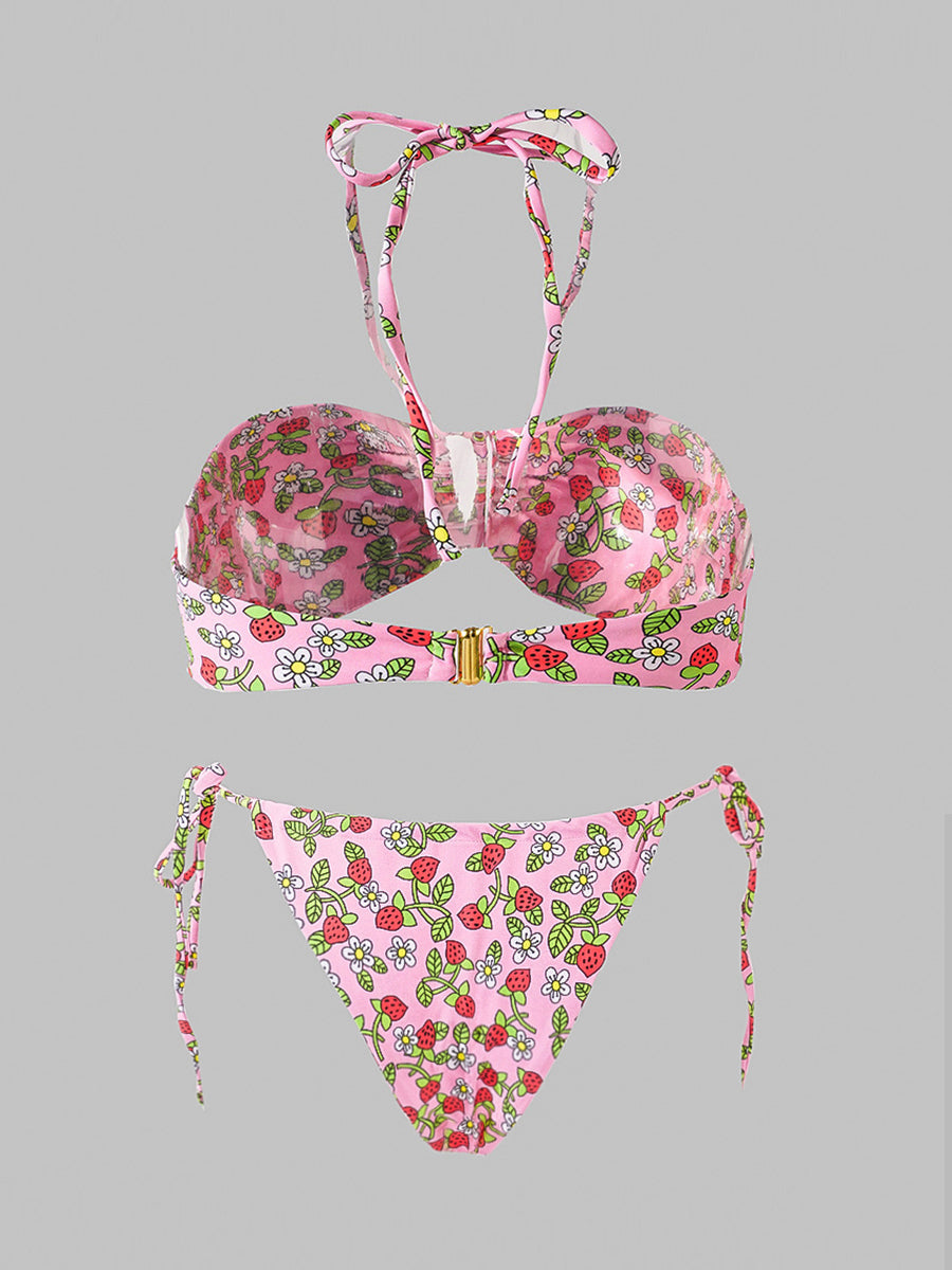 Pink Strawberry Double Fabric Bikini Set
