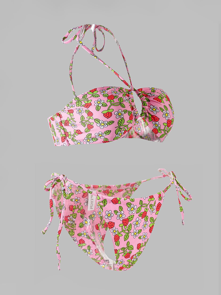 Pink Strawberry Double Fabric Bikini Set