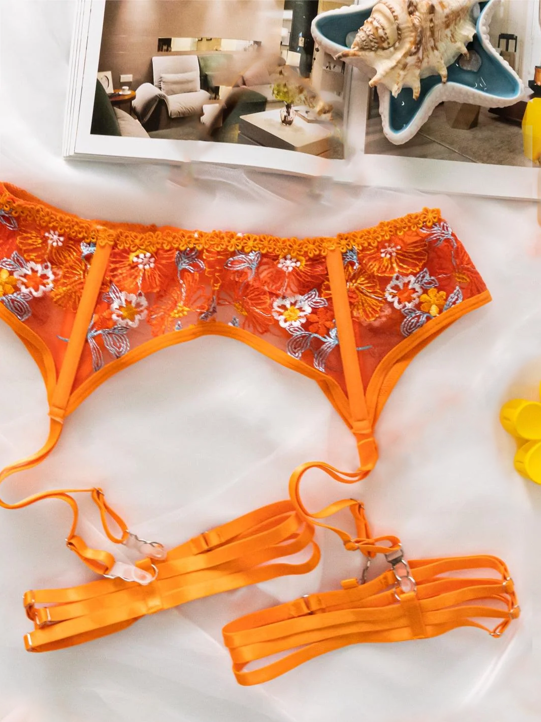 Orange  Floral Lace Trim Garter Belt Lingerie