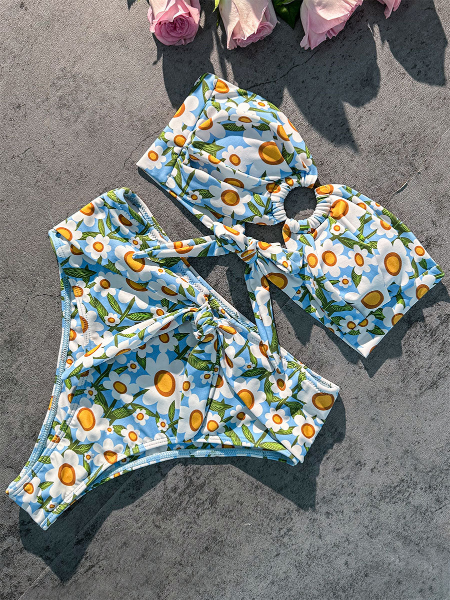 Blue Floral Print Double layer High-Waisted Bikini Set