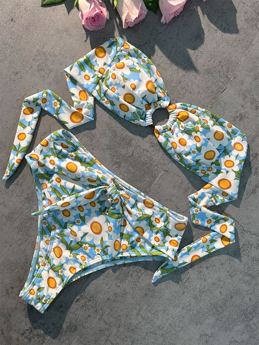 Blue Floral Print Double layer High-Waisted Bikini Set