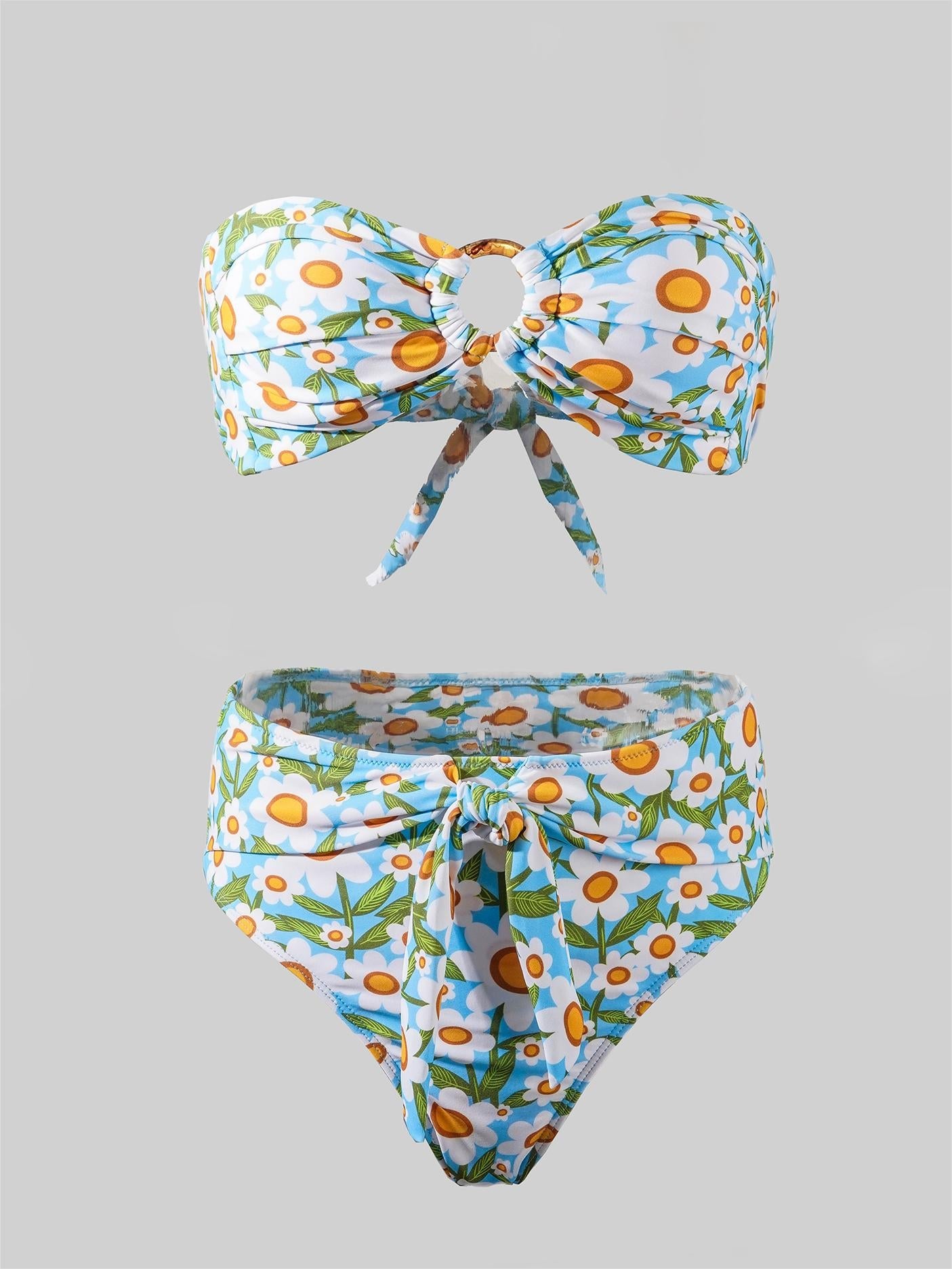 Blue Floral Print Double layer High-Waisted Bikini Set