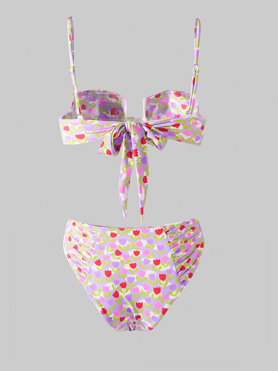 Light Purple Flowers High-Waisted Bikini Set