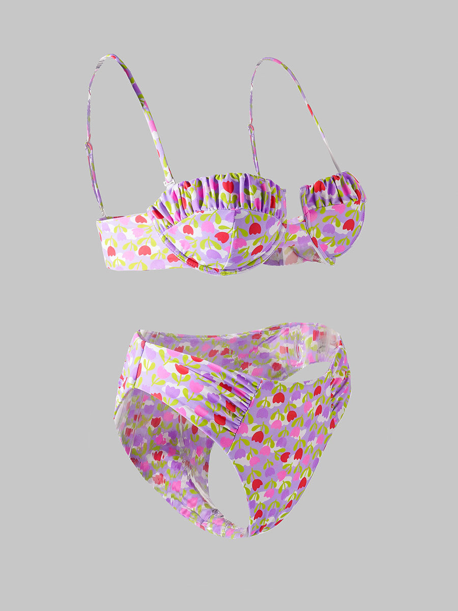 Light Purple Flowers High-Waisted Bikini Set