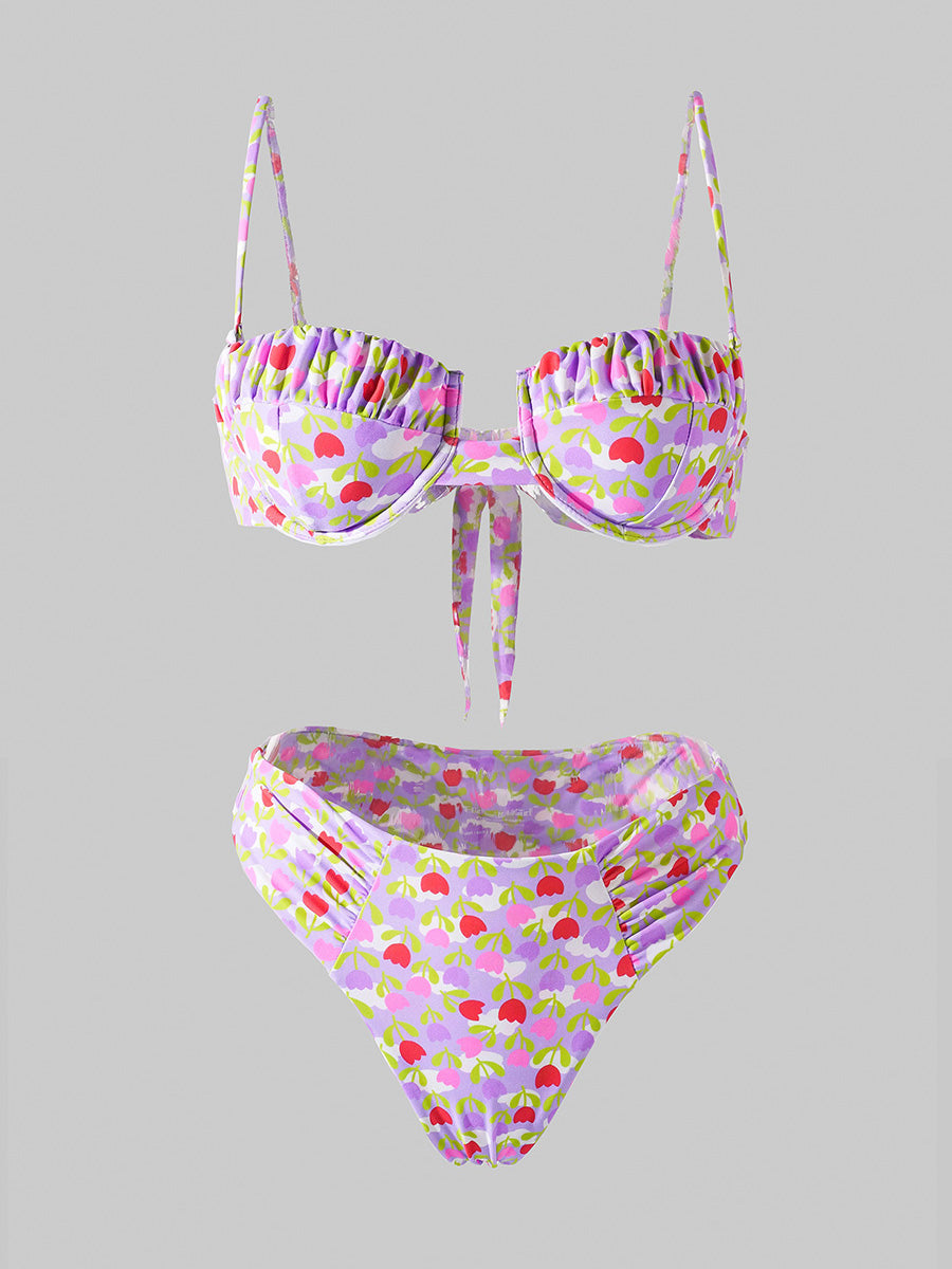 Light Purple Flowers High-Waisted Bikini Set