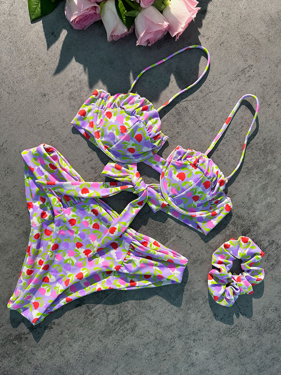 Light Purple Flowers High-Waisted Bikini Set