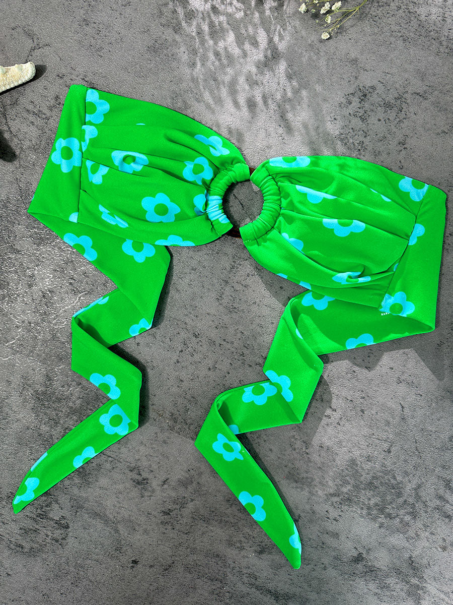 Green Floral Print Double layer Bikini Set