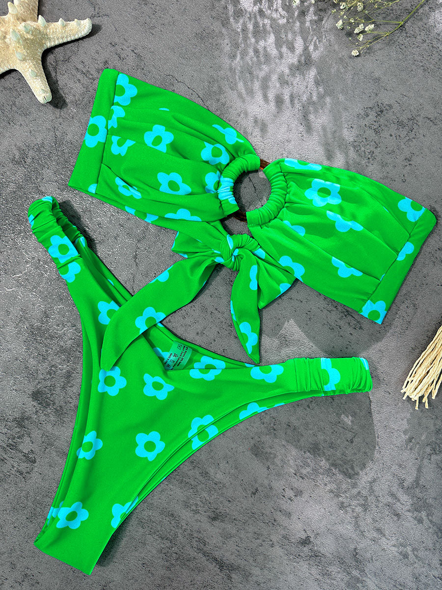 Green Floral Print Double layer Bikini Set
