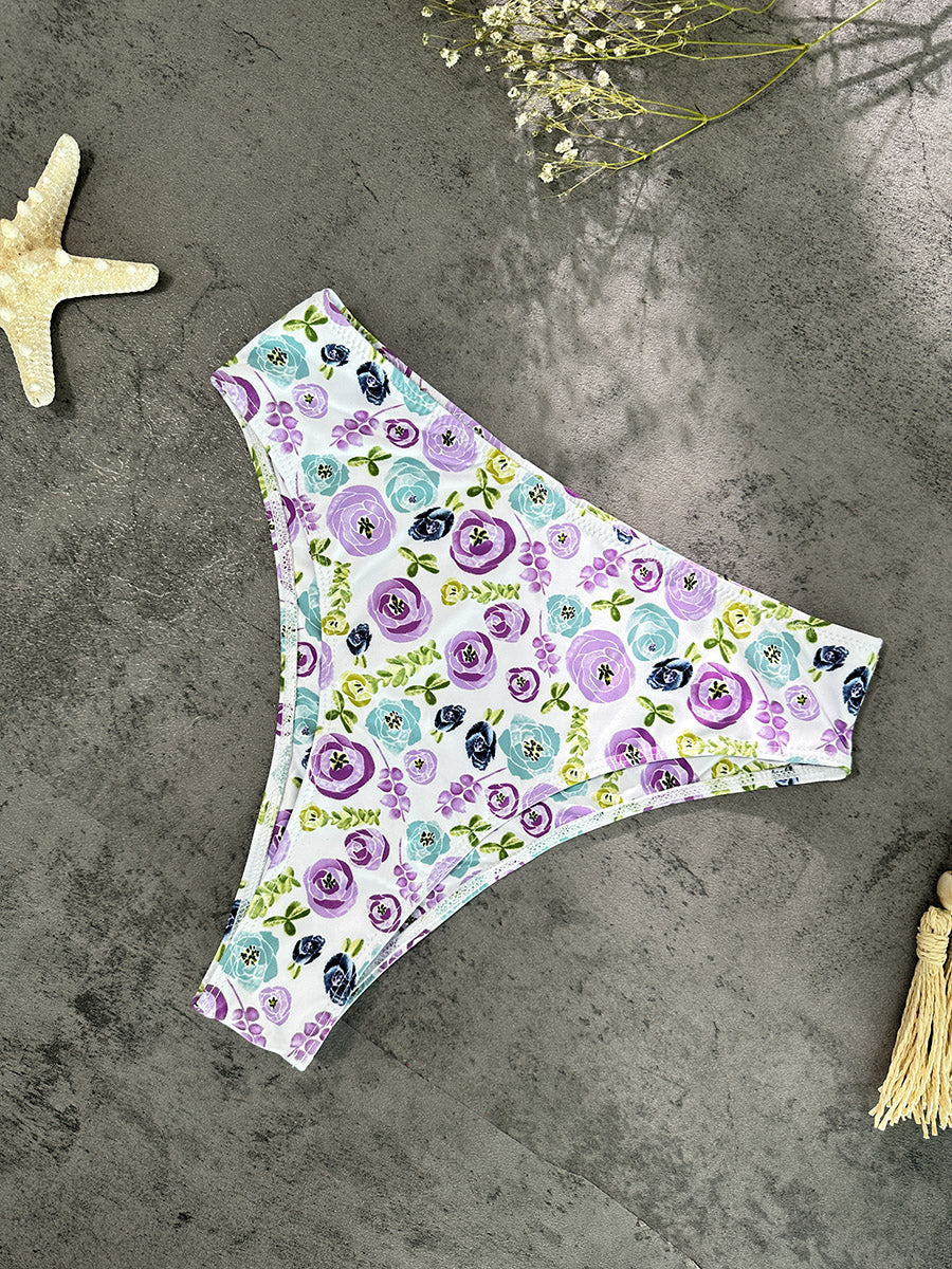 Purple &Green Floral Double layer High-Waisted Bikini Set