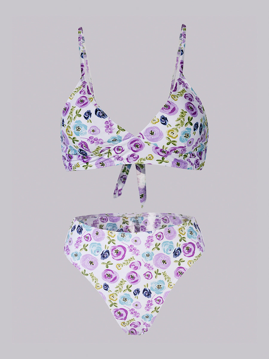 Purple &Green Floral Double layer High-Waisted Bikini Set