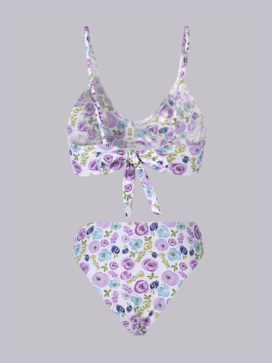 Purple &Green Floral Double layer High-Waisted Bikini Set
