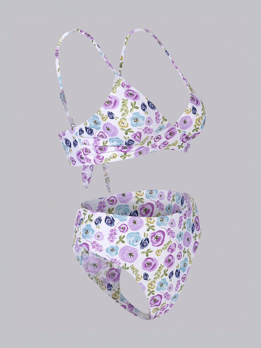 Purple &Green Floral Double layer High-Waisted Bikini Set