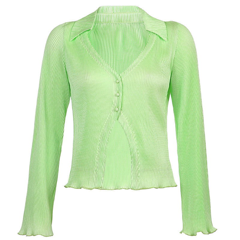 Fluorescent Green Silk Shirt Long Sleeve Top