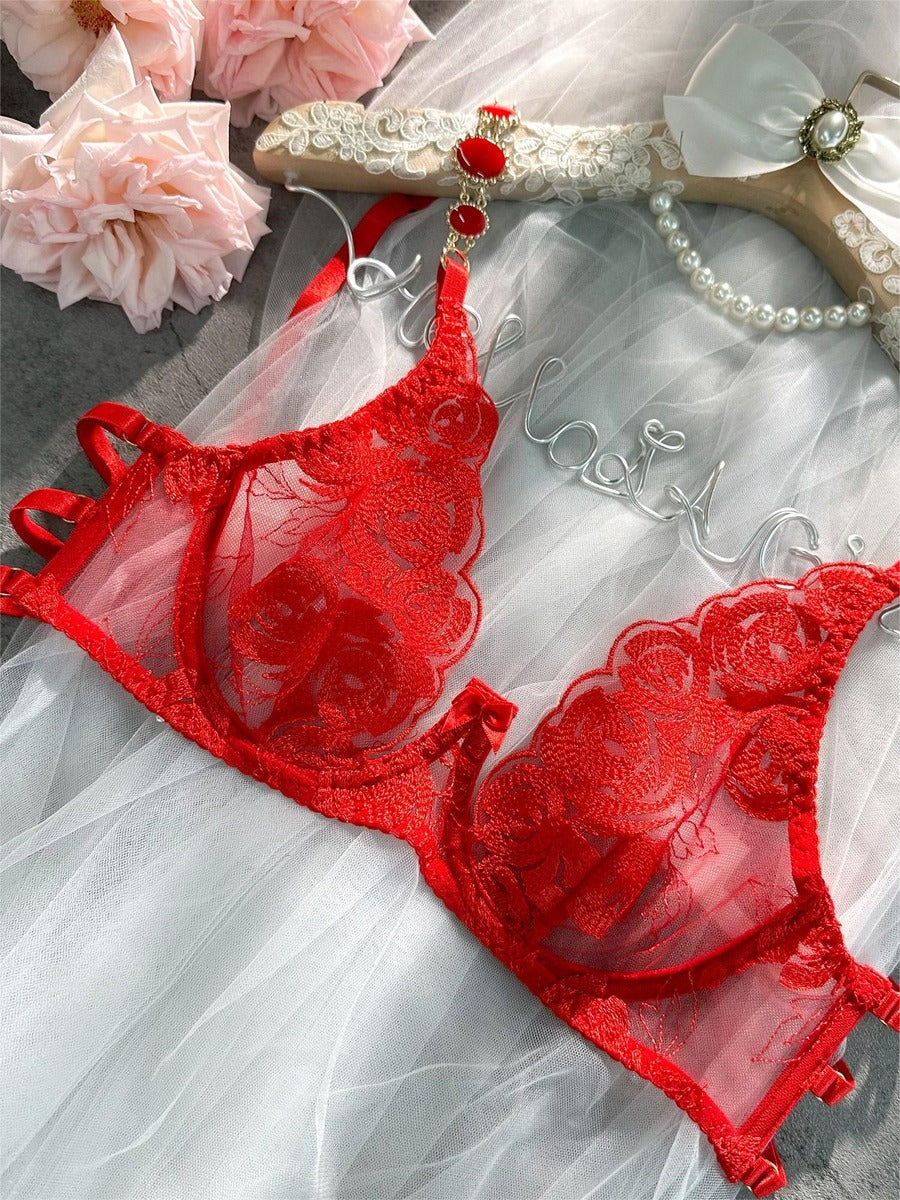 Red Embroidered Sexy Push Up Lingerie Set