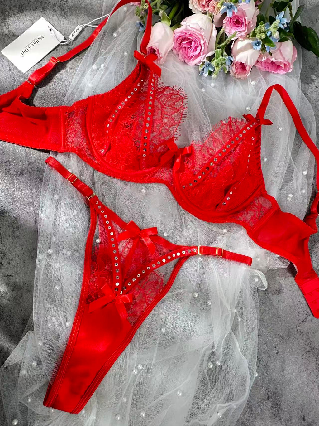 Sparkling Soft Red Lace Lingerie Set