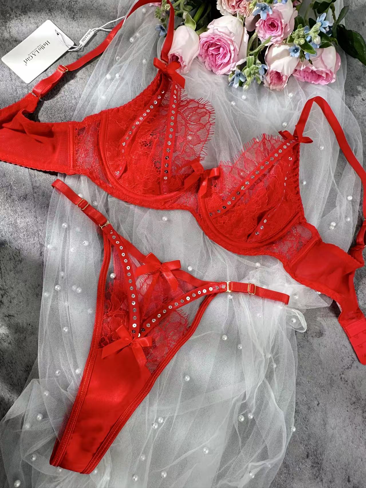 Sparkling Soft Red Lace Lingerie Set