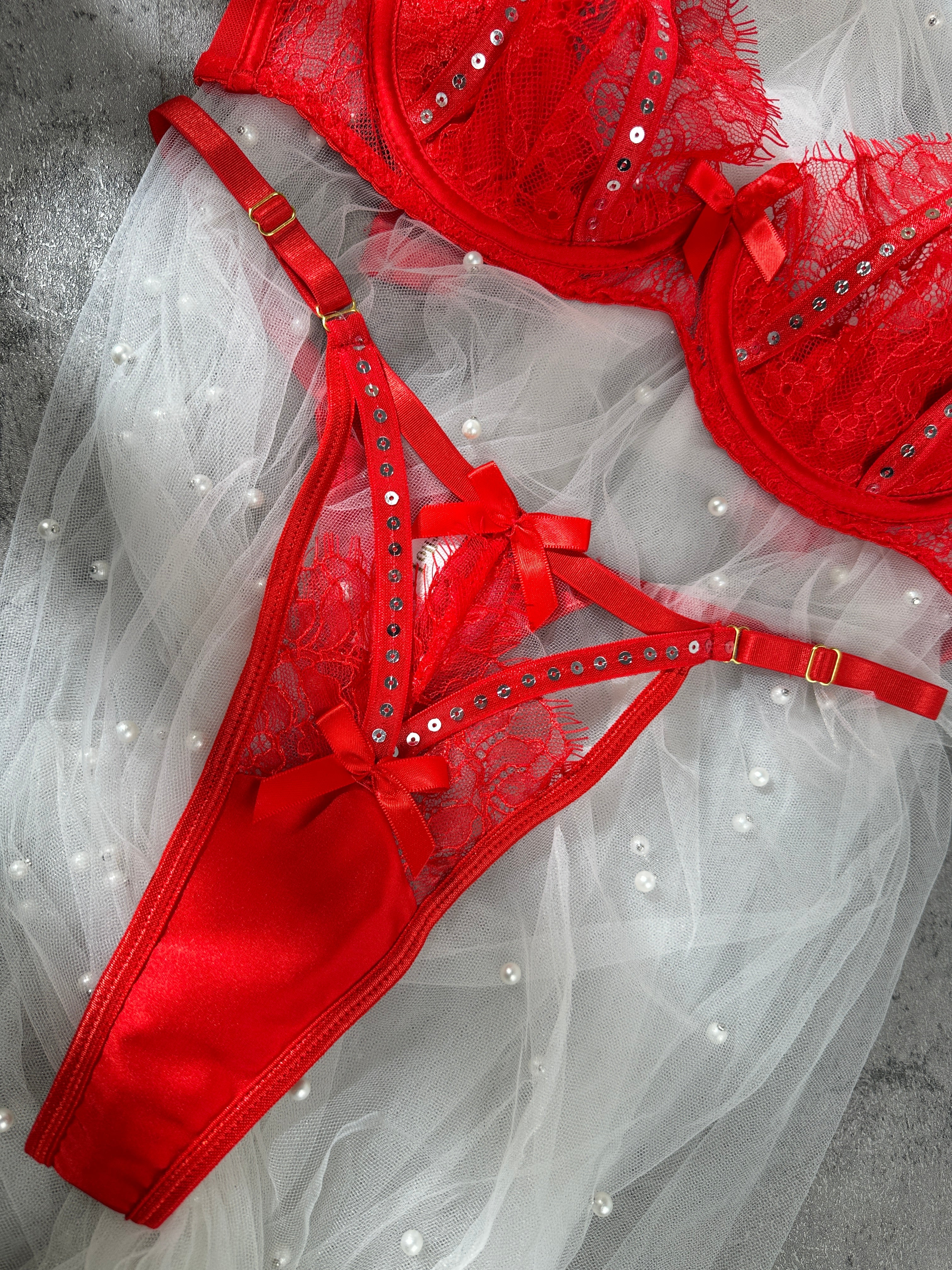 Sparkling Soft Red Lace Lingerie Set