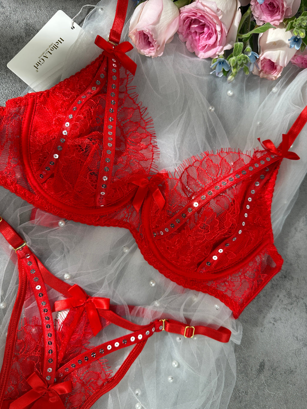 Sparkling Soft Red Lace Lingerie Set