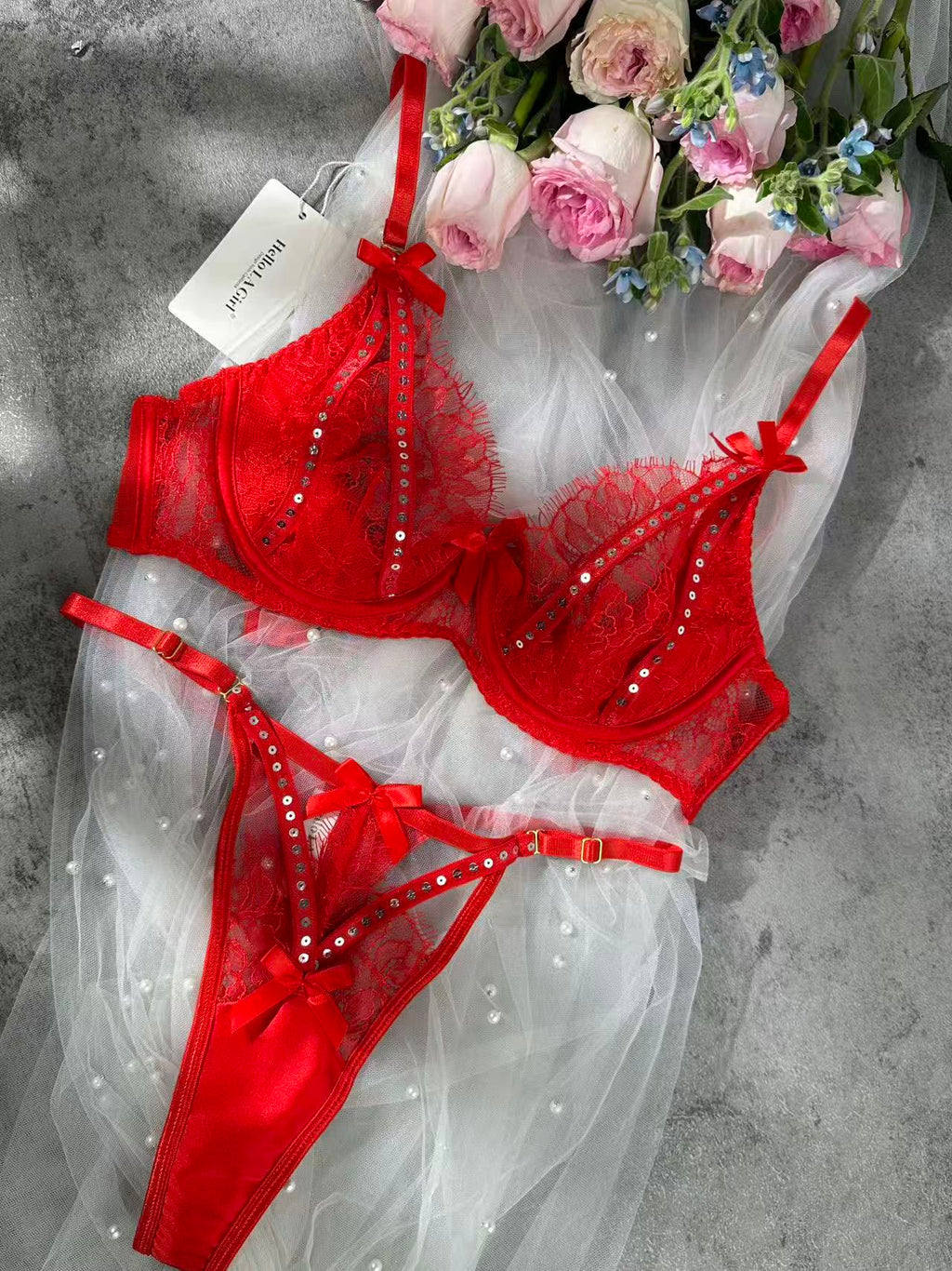 Sparkling Soft Red Lace Lingerie Set