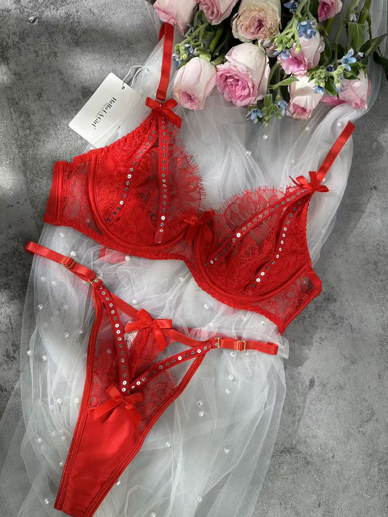 Sparkling Soft Red Lace Lingerie Set