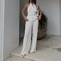 White Solid High Waist Pleated Wide-Leg Pants