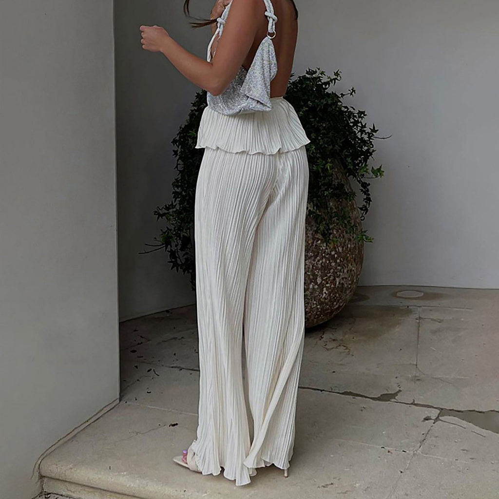 White Solid High Waist Pleated Wide-Leg Pants