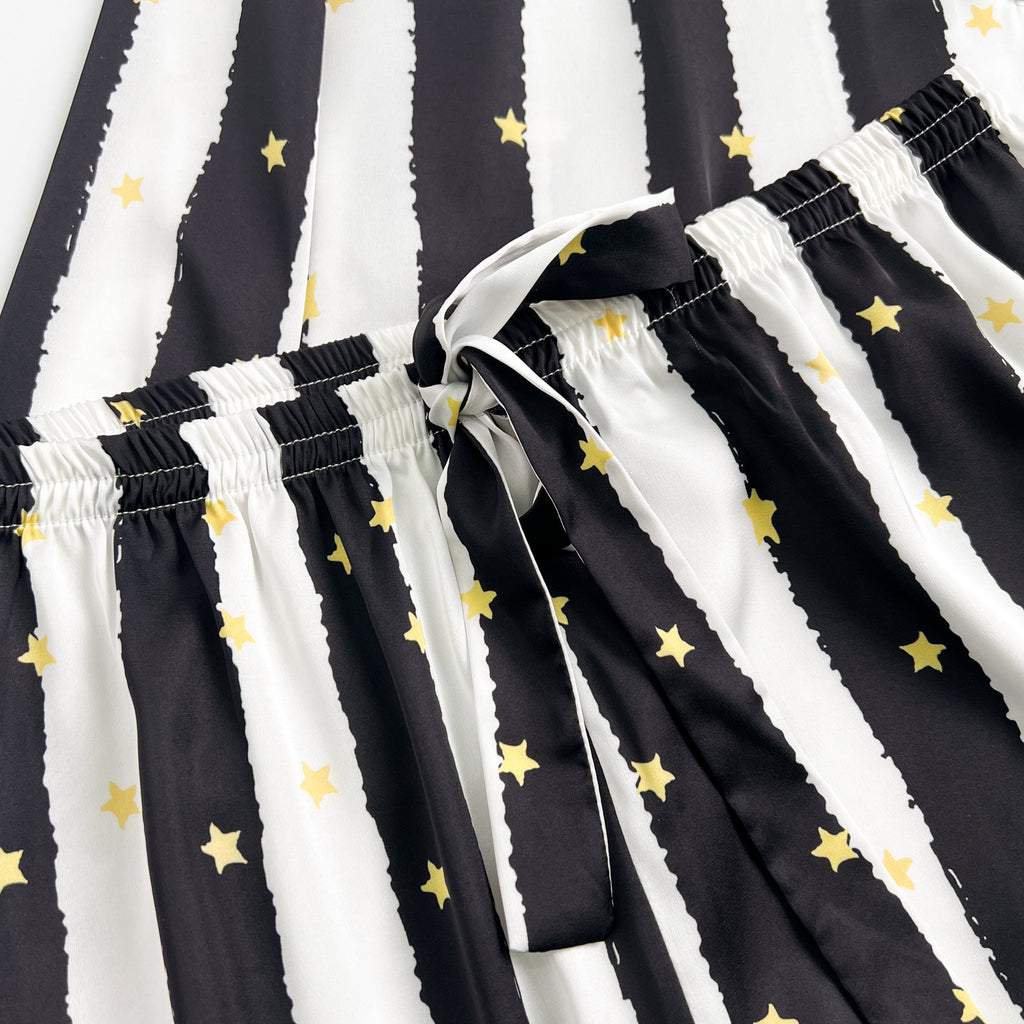 Black Stripe Golde Stars Print Silky Satin Pajamas Set