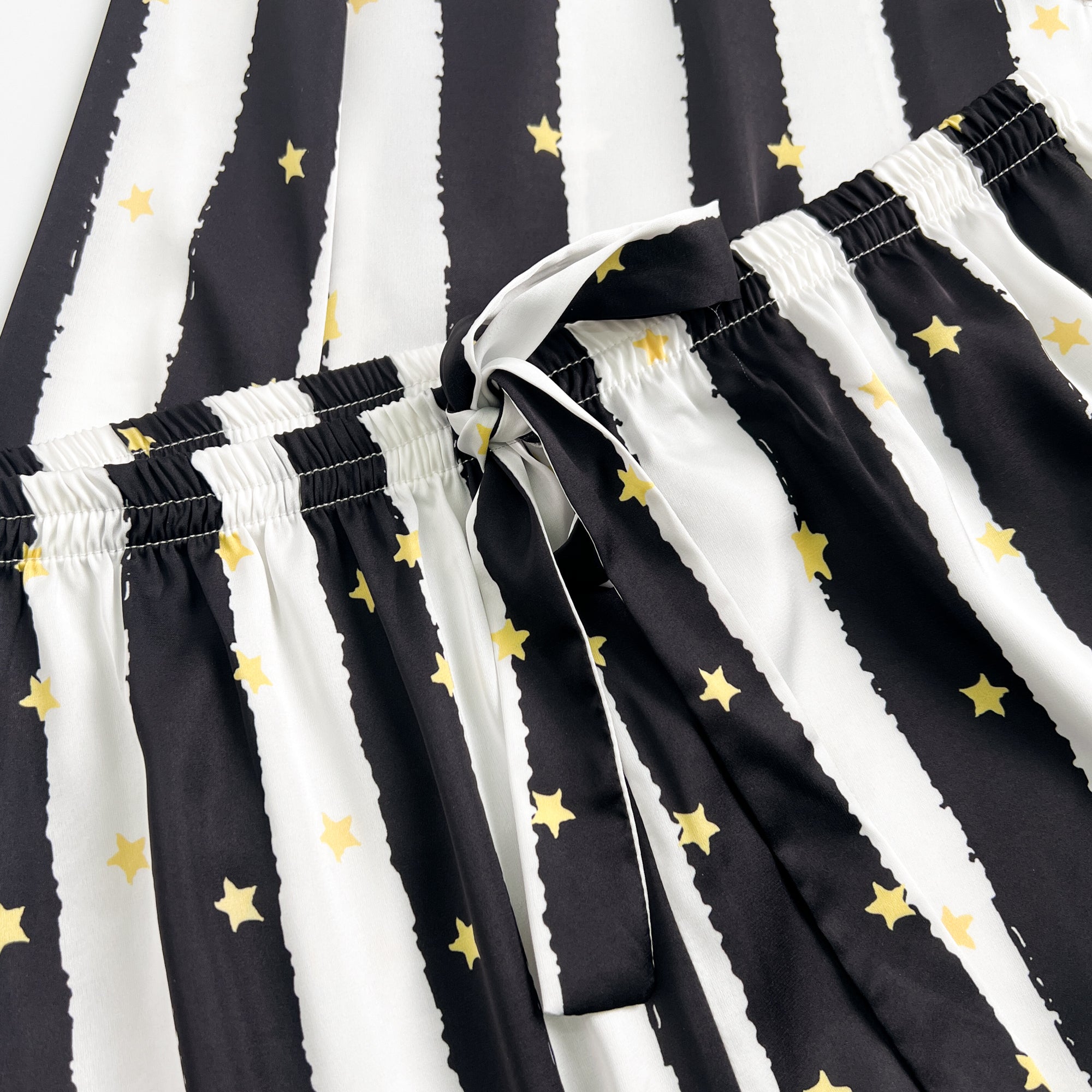 Black Stripe Golde Stars Print Silky Satin Pajamas Set