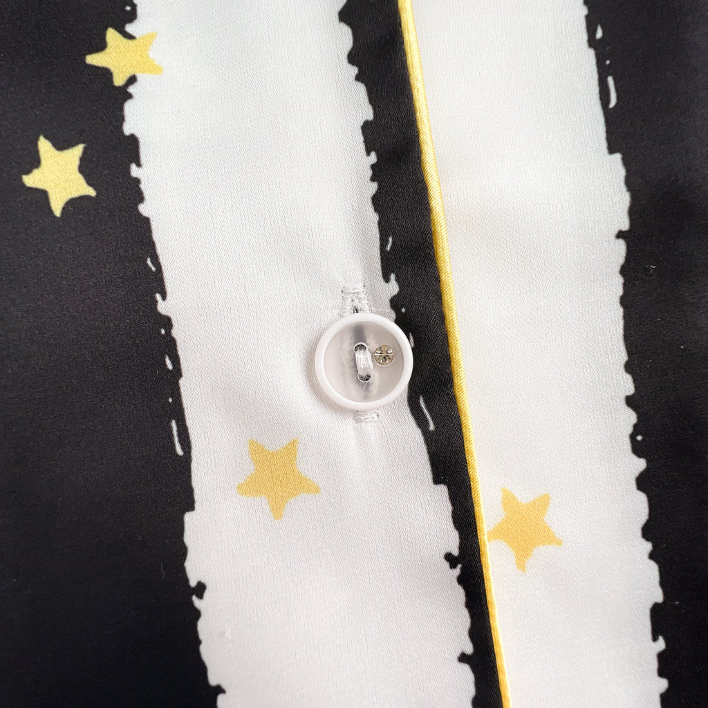 Black Stripe Golde Stars Print Silky Satin Pajamas Set
