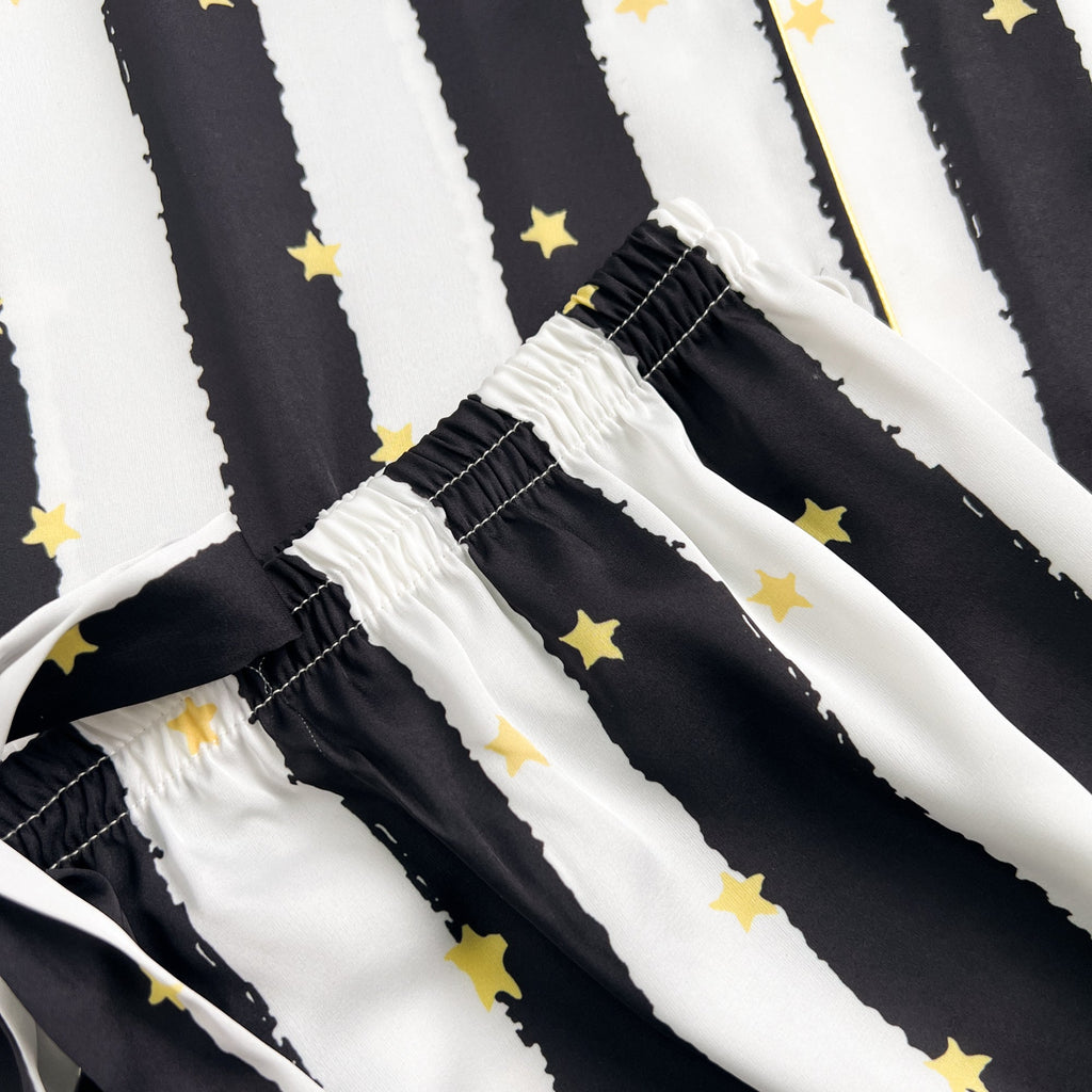 Black Stripe Golde Stars Print Silky Satin Pajamas Set