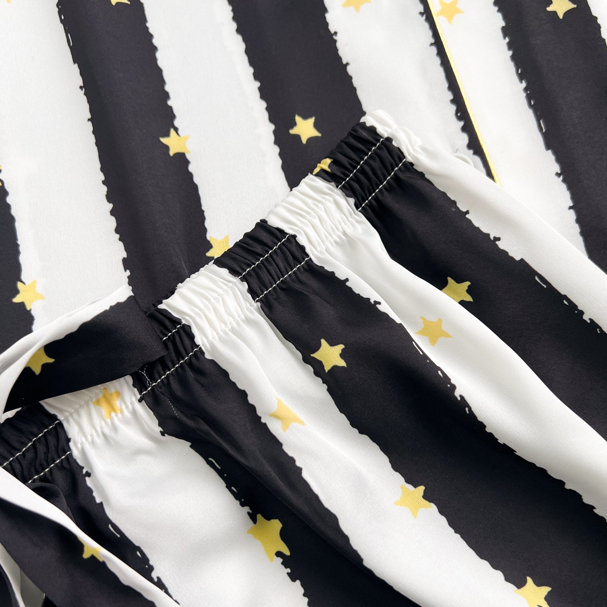 Black Stripe Golde Stars Print Silky Satin Pajamas Set