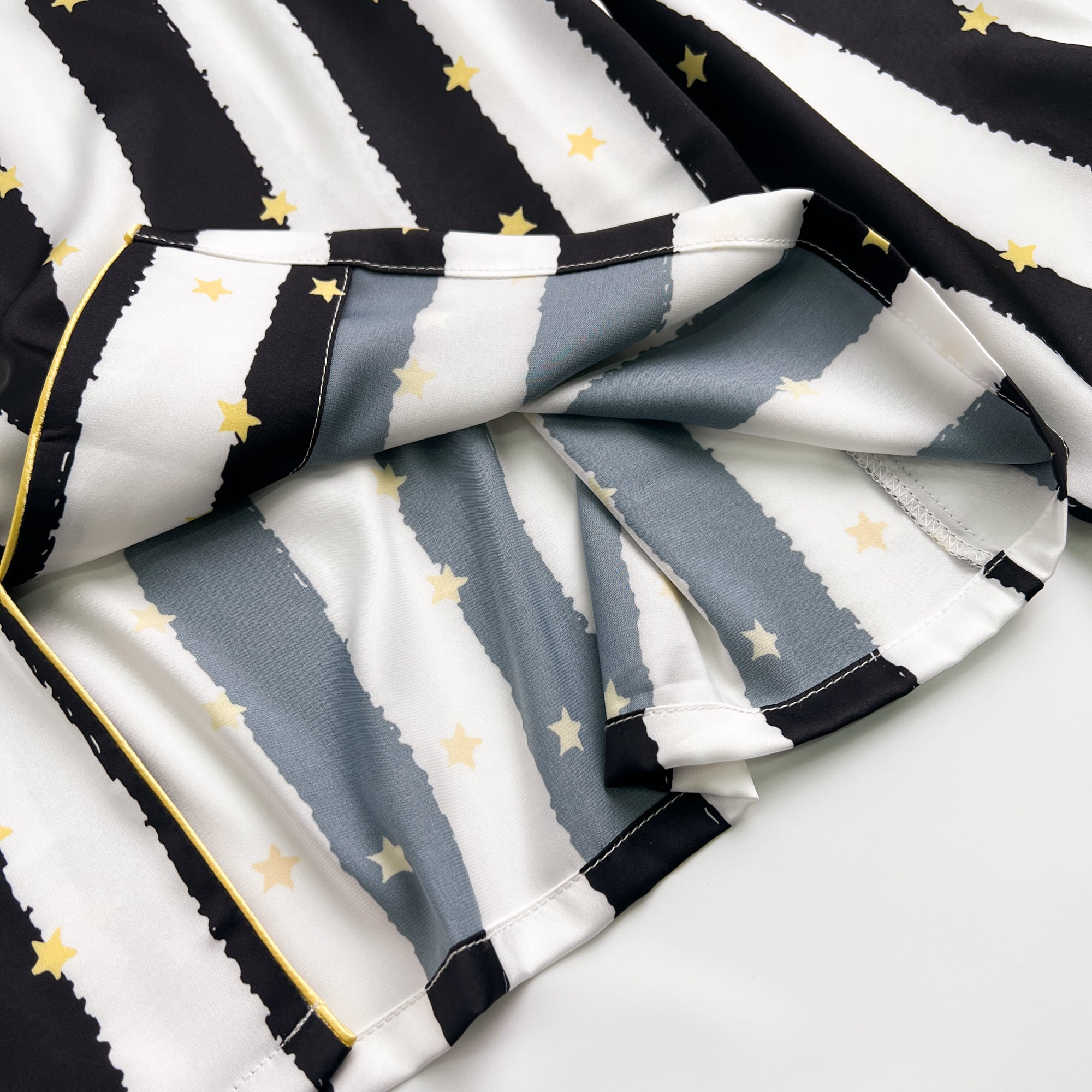 Black Stripe Golde Stars Print Silky Satin Pajamas Set
