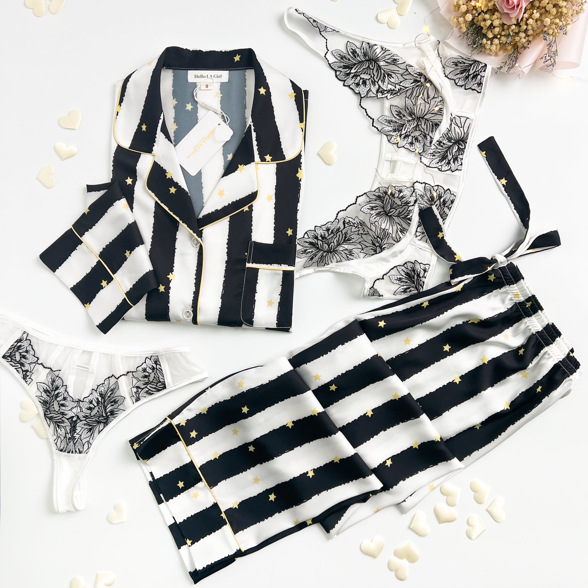 Black Stripe Golde Stars Print Silky Satin Pajamas Set