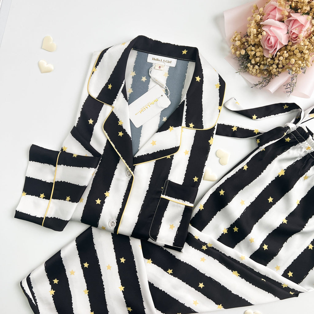 Black Stripe Golde Stars Print Silky Satin Pajamas Set